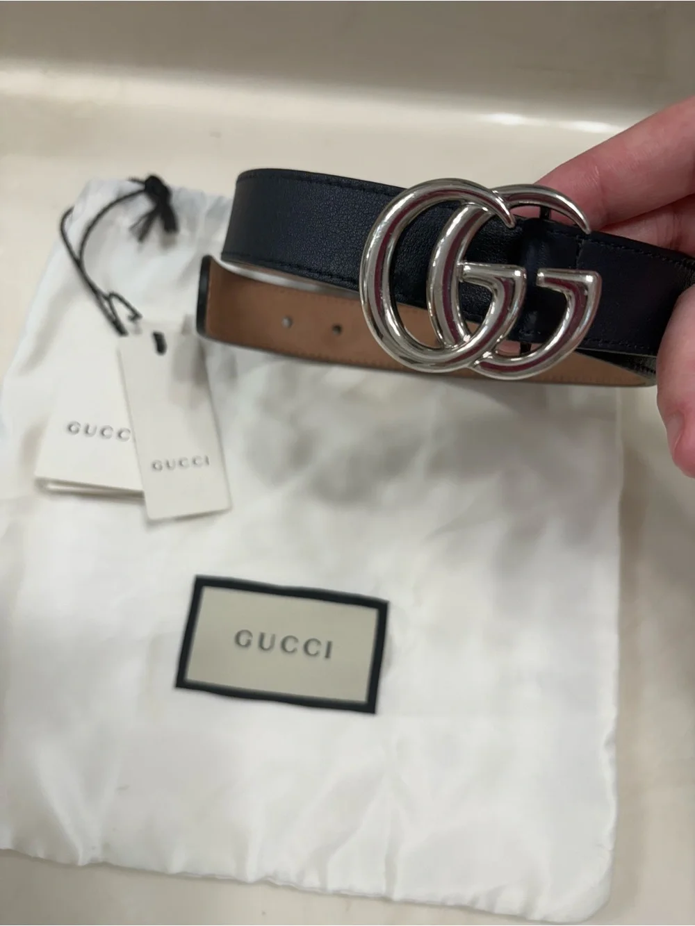 Gucci kids Large Navy /Black Leather Belt with Silver classic Double G Buckle